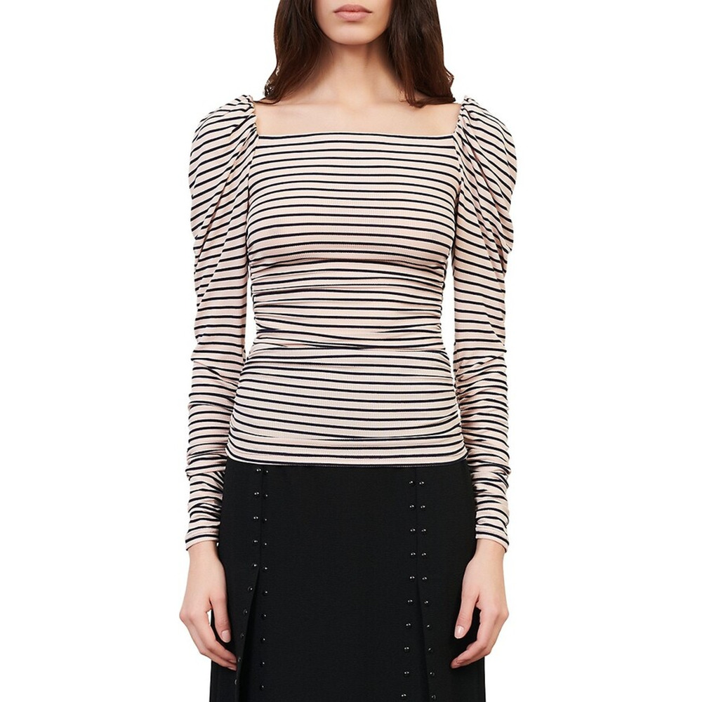 Maje Womens Take Striped Long T-Shirt Puff Sleeve‎ Square Neck Pink Navy Size 1